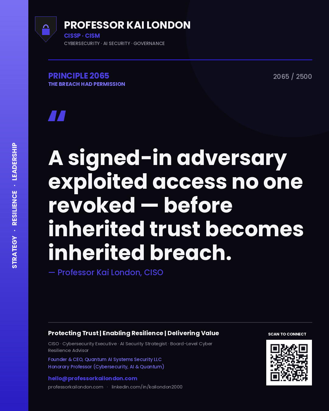 Quote card by Professor Kai London reading 'A signed-in adversary exploited access no one revoked — before inherited trust becomes inherited breach.'. From the book The Breach Had Permission.