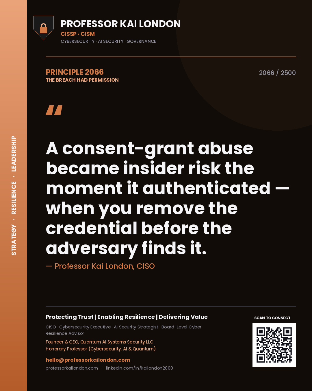 Professor Kai London principle 2066: A consent-grant abuse became insider risk the moment it authenticated — when you remove the credential before the adversary finds it.