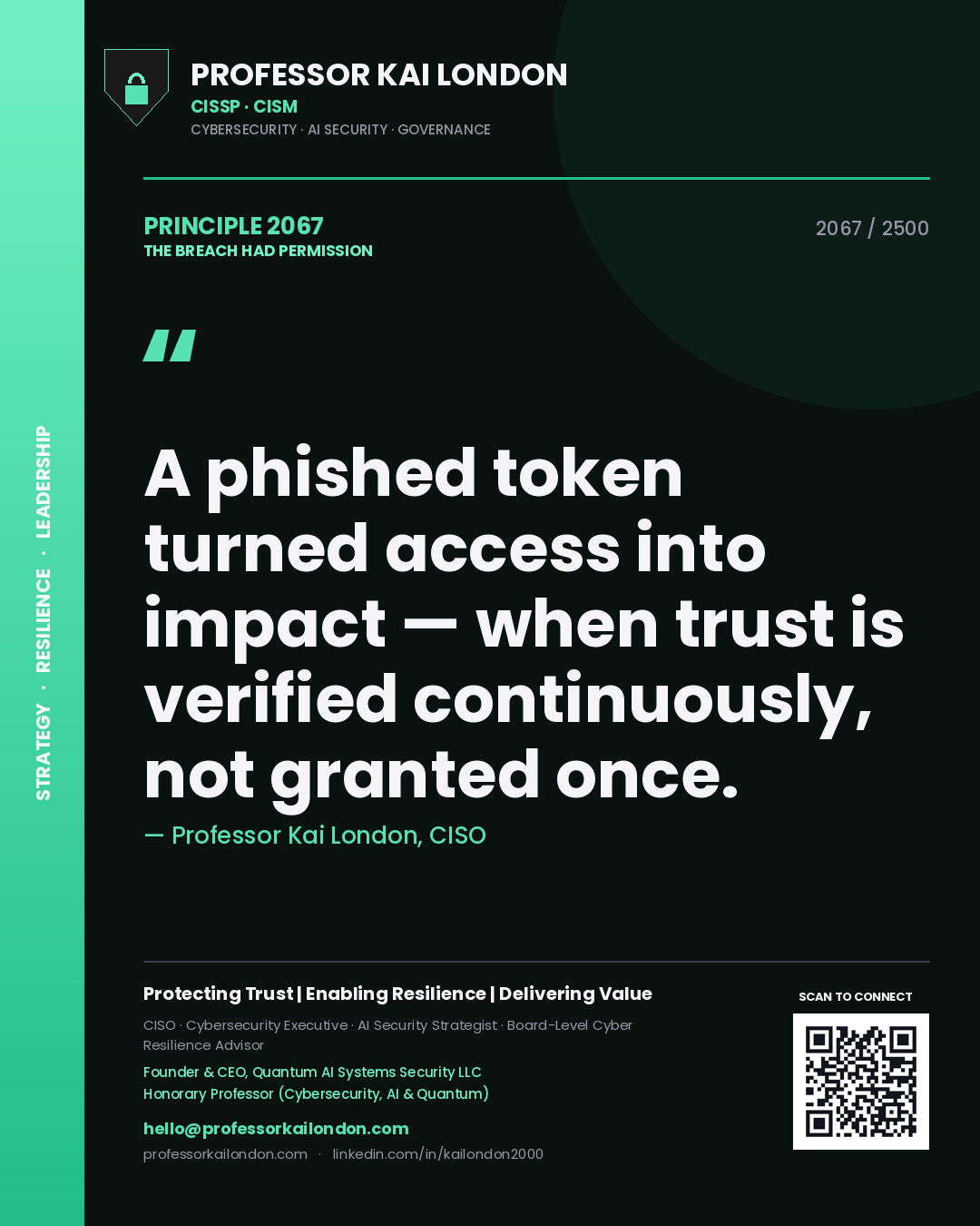 Quote card by Professor Kai London reading 'A phished token turned access into impact — when trust is verified continuously, not granted once.'. From the book The Breach Had Permission.