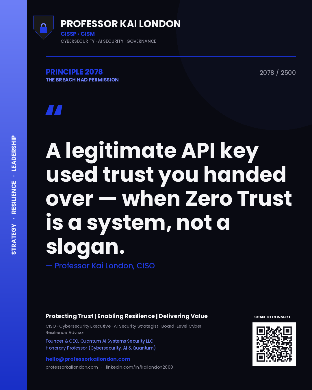 Quote card by Professor Kai London reading 'A legitimate API key used trust you handed over — when Zero Trust is a system, not a slogan.'. From the book The Breach Had Permission.