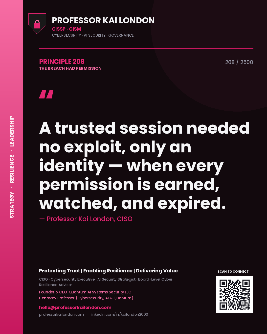 Professor Kai London principle 208: A trusted session needed no exploit, only an identity — when every permission is earned, watched, and expired.