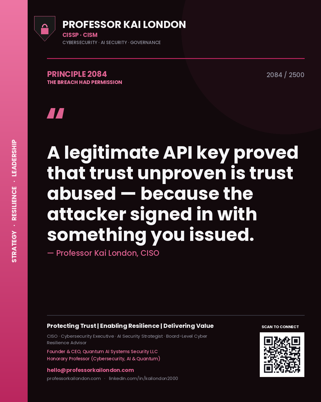 Quote card by Professor Kai London reading 'A legitimate API key proved that trust unproven is trust abused — because the attacker signed in with something you issued.'. From the book The Breach Had Permission.