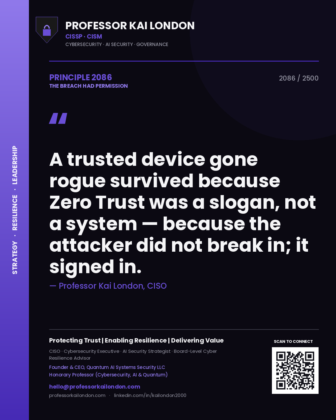 Professor Kai London principle 2086: A trusted device gone rogue survived because Zero Trust was a slogan, not a system — because the attacker did not break in; it signed in.