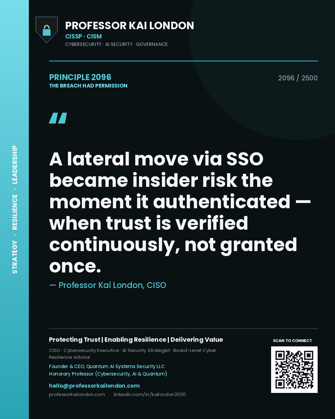 Professor Kai London principle 2096: A lateral move via SSO became insider risk the moment it authenticated — when trust is verified continuously, not granted once.