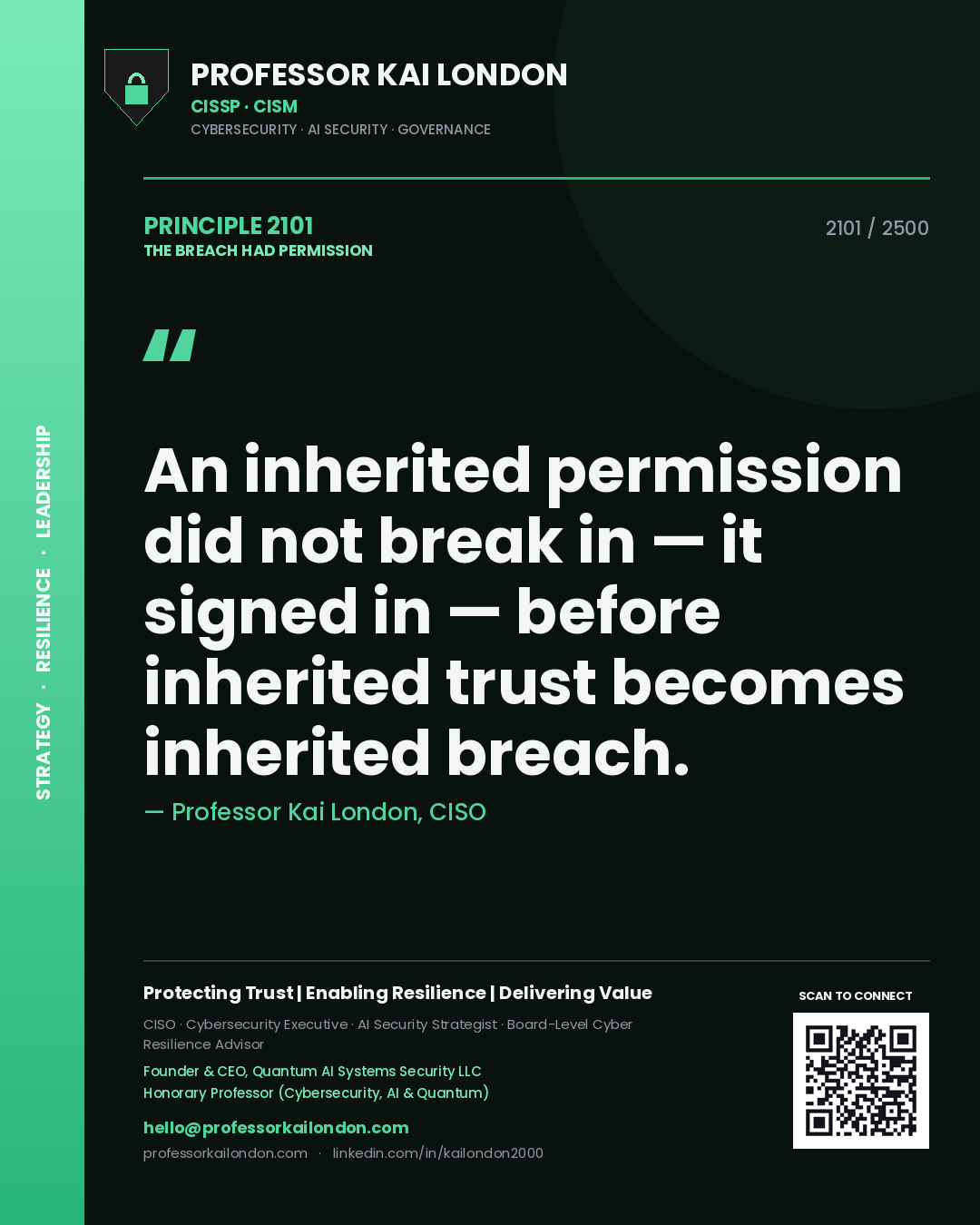 Professor Kai London principle 2101: An inherited permission did not break in — it signed in — before inherited trust becomes inherited breach.