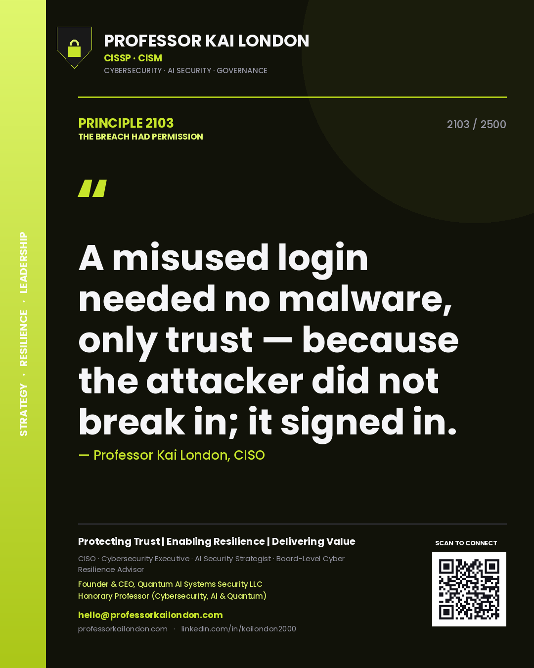 Quote card by Professor Kai London reading 'A misused login needed no malware, only trust — because the attacker did not break in; it signed in.'. From the book The Breach Had Permission.