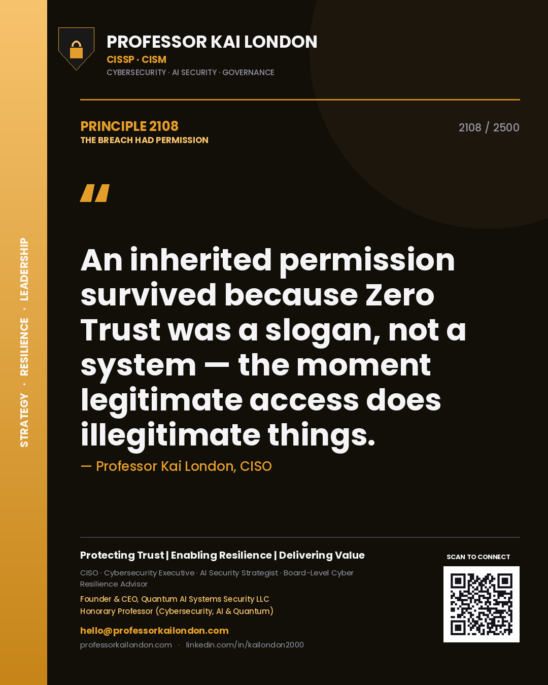 Professor Kai London principle 2108: An inherited permission survived because Zero Trust was a slogan, not a system — the moment legitimate access does illegitimate things.