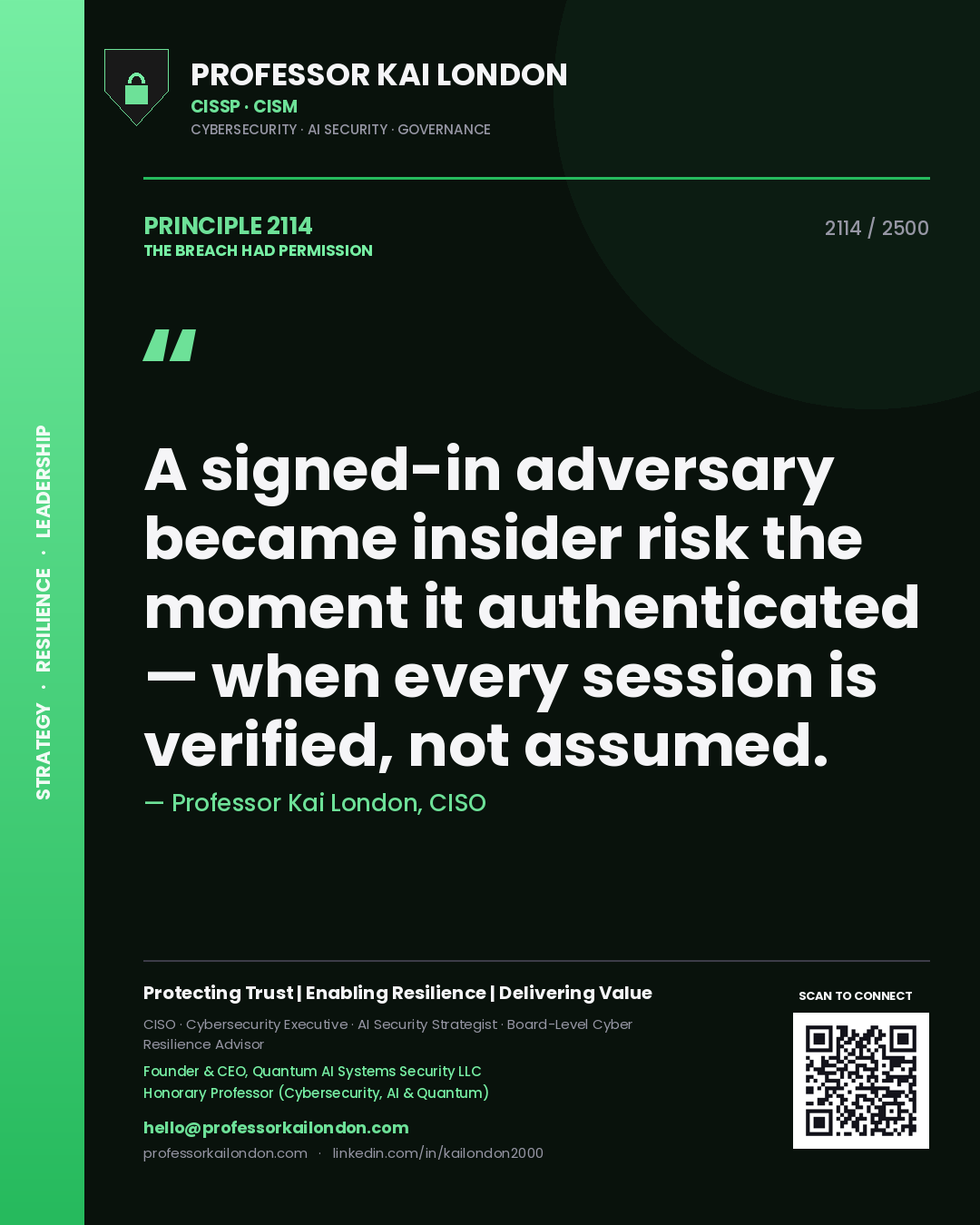 Professor Kai London principle 2114: A signed-in adversary became insider risk the moment it authenticated — when every session is verified, not assumed.