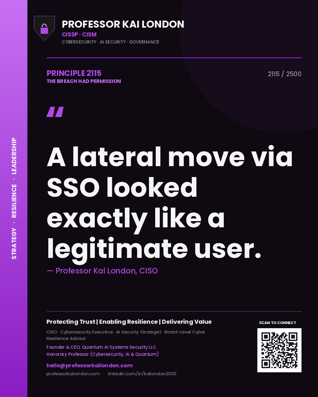 Quote card by Professor Kai London reading 'A lateral move via SSO looked exactly like a legitimate user.'. From the book The Breach Had Permission.