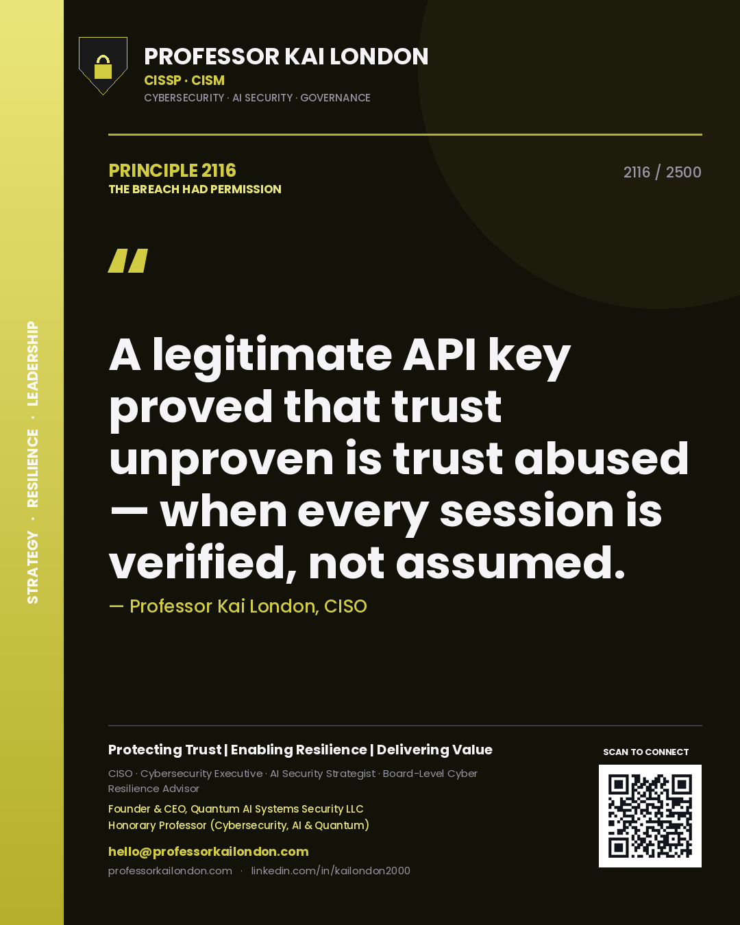 Professor Kai London principle 2116: A legitimate API key proved that trust unproven is trust abused — when every session is verified, not assumed.