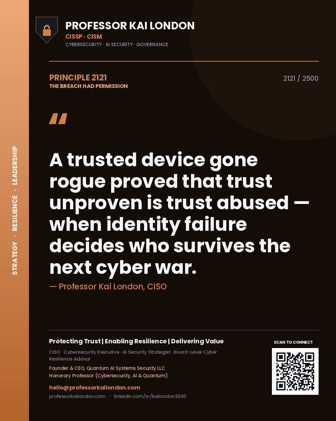 Professor Kai London principle 2121: A trusted device gone rogue proved that trust unproven is trust abused — when identity failure decides who survives the next cyber war.