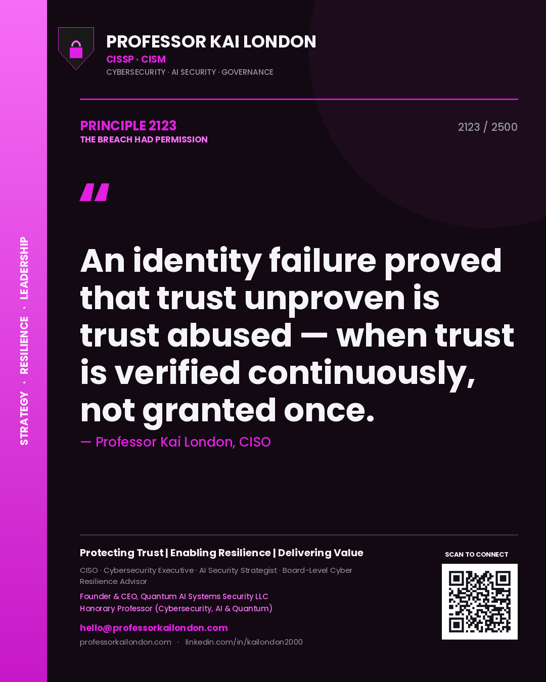 Quote card by Professor Kai London reading 'An identity failure proved that trust unproven is trust abused — when trust is verified continuously, not granted once.'. From the book The Breach Had Permission.