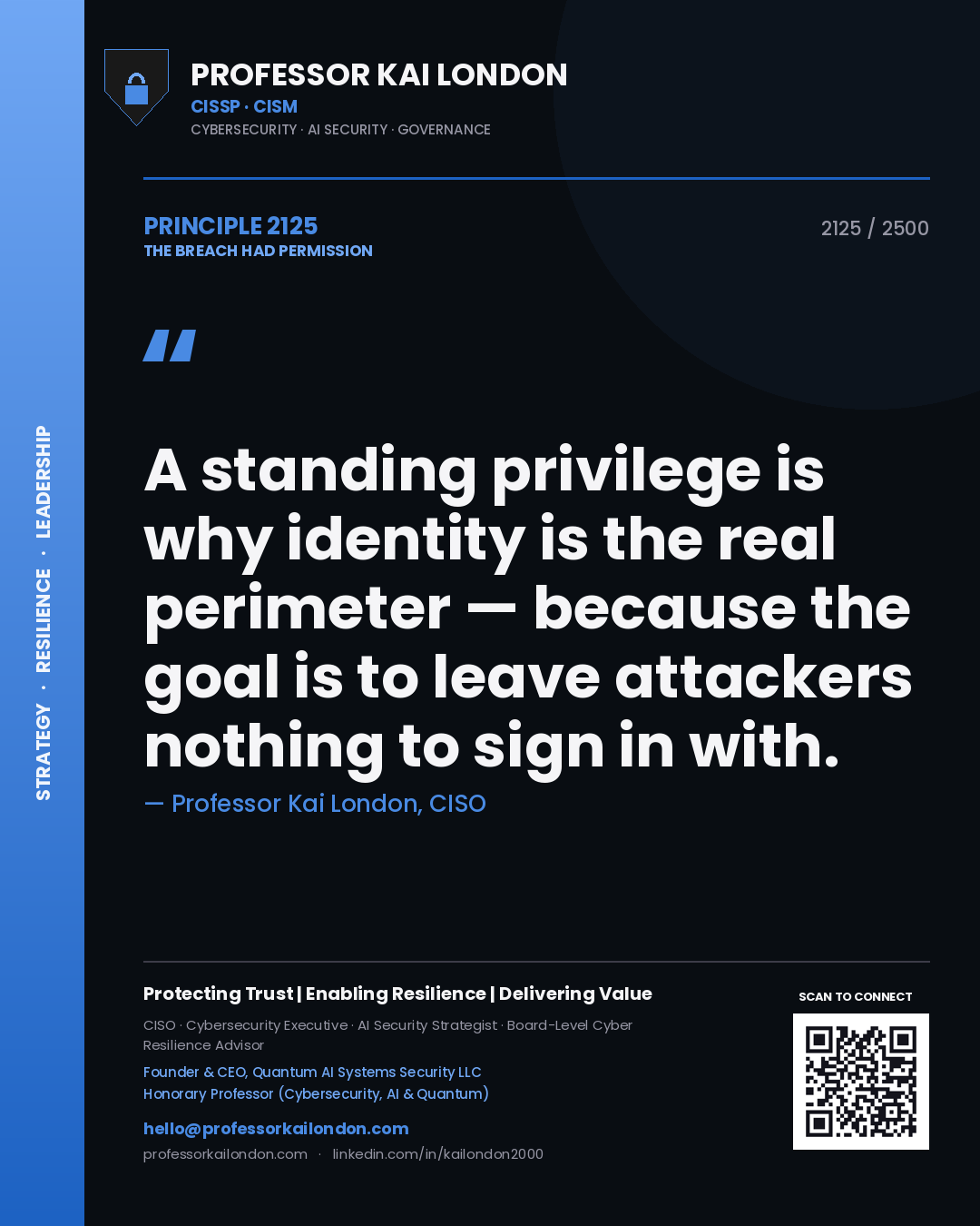 Professor Kai London principle 2125: A standing privilege is why identity is the real perimeter — because the goal is to leave attackers nothing to sign in with.