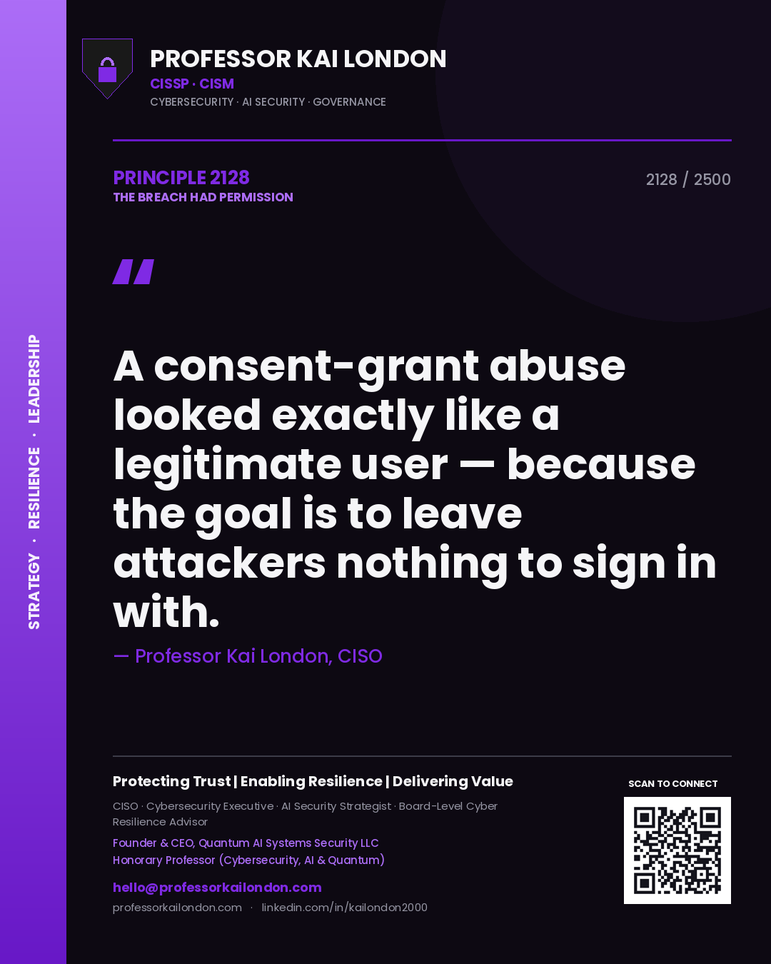 Quote card by Professor Kai London reading 'A consent-grant abuse looked exactly like a legitimate user — because the goal is to leave attackers nothing to sign in with.'. From the book The Breach Had Permission.