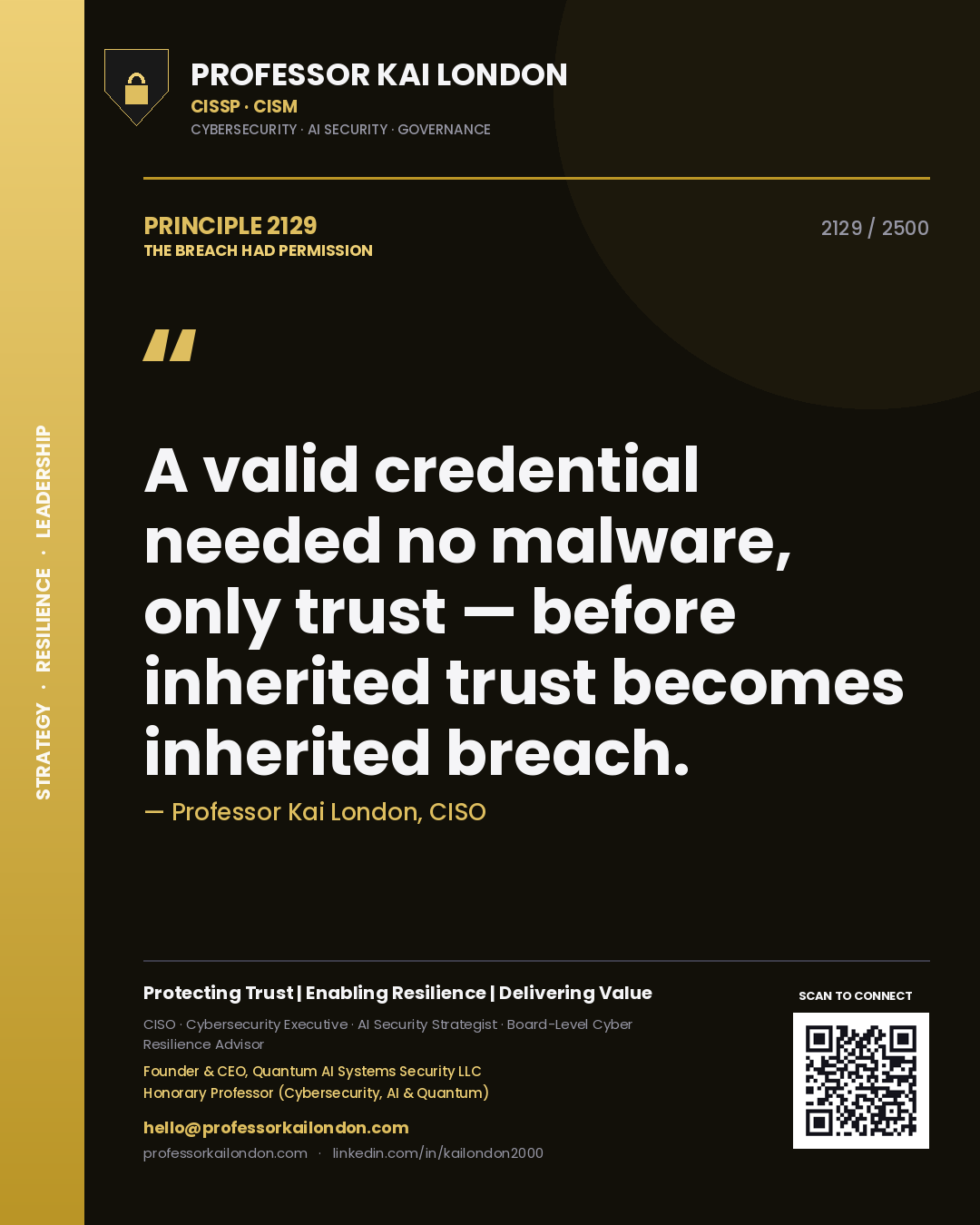 Professor Kai London principle 2129: A valid credential needed no malware, only trust — before inherited trust becomes inherited breach.