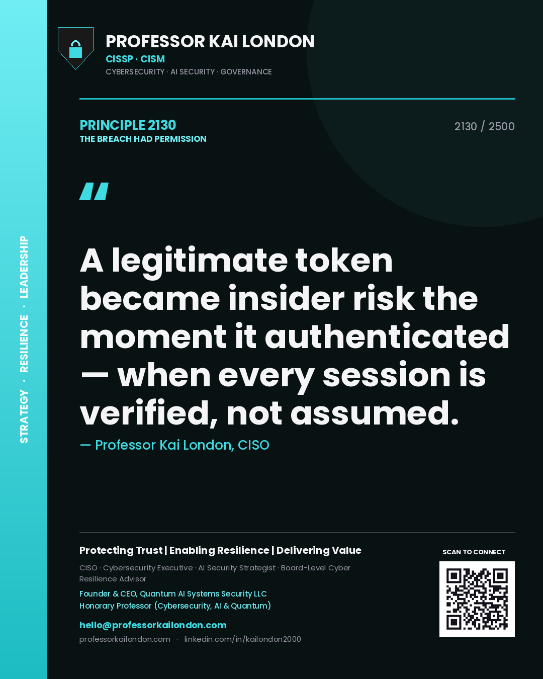 Professor Kai London principle 2130: A legitimate token became insider risk the moment it authenticated — when every session is verified, not assumed.