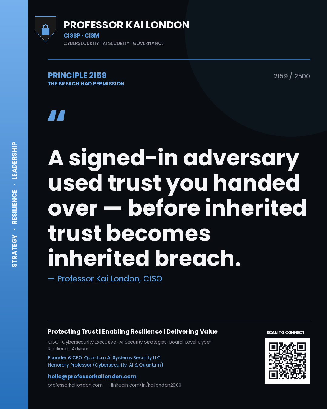 Professor Kai London principle 2159: A signed-in adversary used trust you handed over — before inherited trust becomes inherited breach.