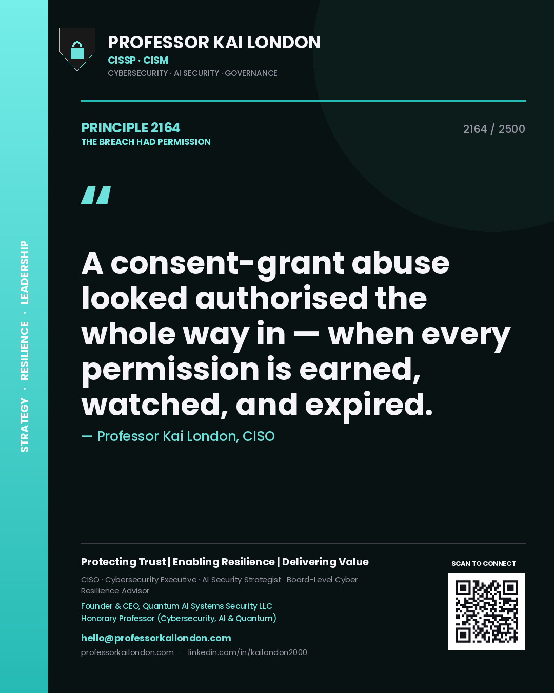 Professor Kai London principle 2164: A consent-grant abuse looked authorised the whole way in — when every permission is earned, watched, and expired.