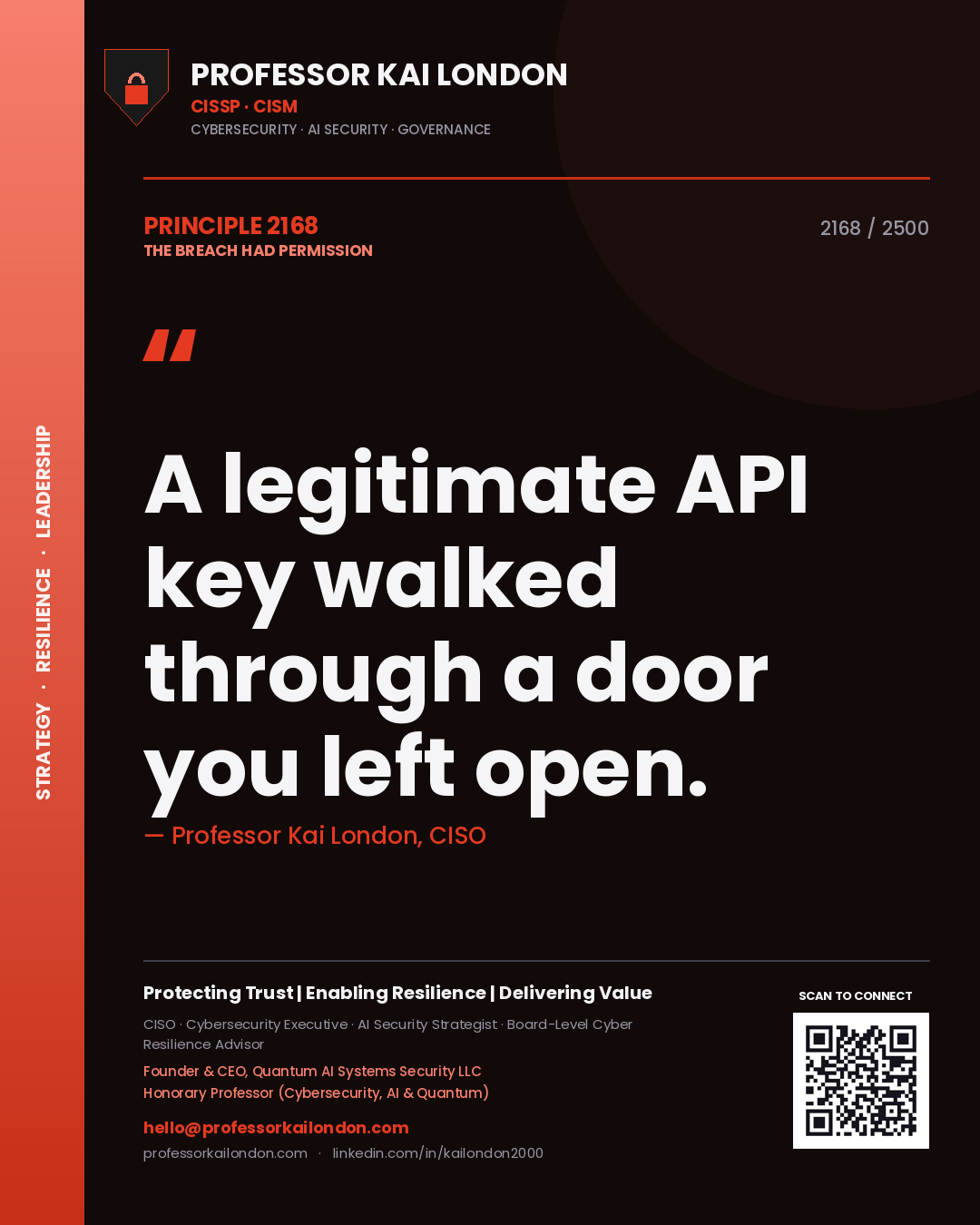 Quote card by Professor Kai London reading 'A legitimate API key walked through a door you left open.'. From the book The Breach Had Permission.