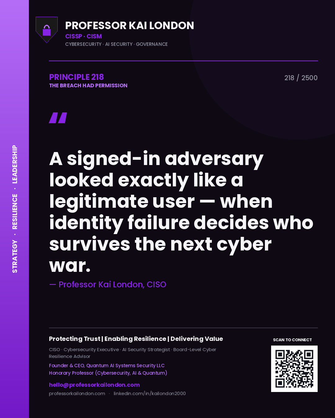 Quote card by Professor Kai London reading 'A signed-in adversary looked exactly like a legitimate user — when identity failure decides who survives the next cyber war.'. From the book The Breach Had Permission.