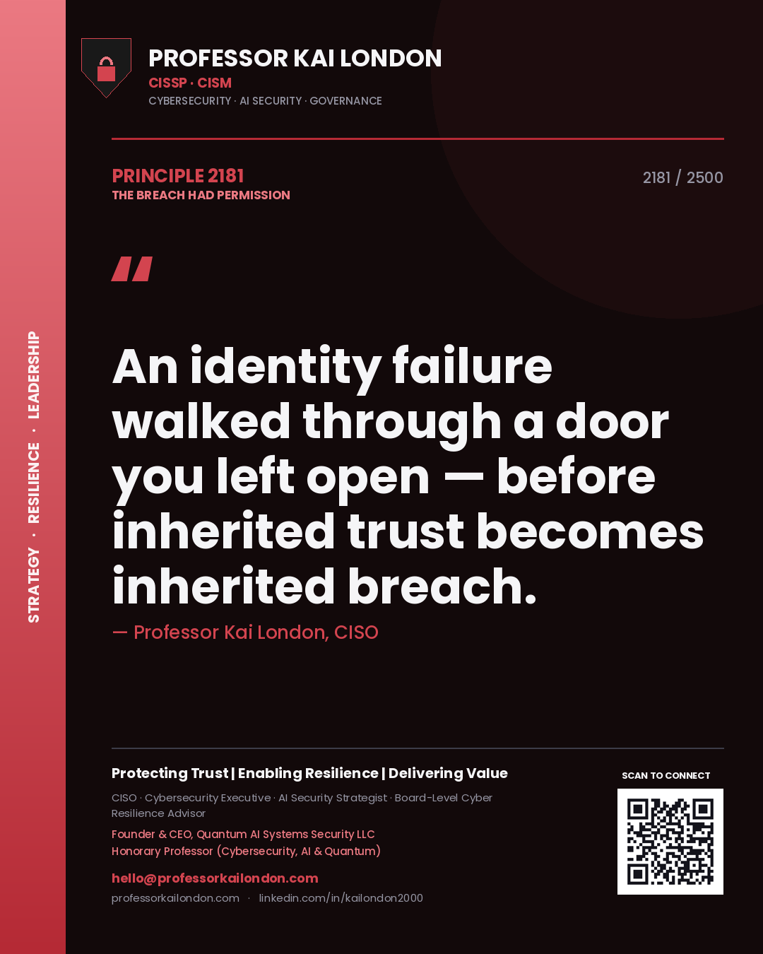 Professor Kai London principle 2181: An identity failure walked through a door you left open — before inherited trust becomes inherited breach.