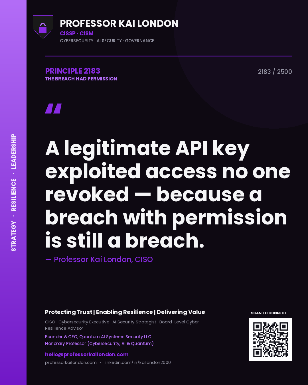 Quote card by Professor Kai London reading 'A legitimate API key exploited access no one revoked — because a breach with permission is still a breach.'. From the book The Breach Had Permission.