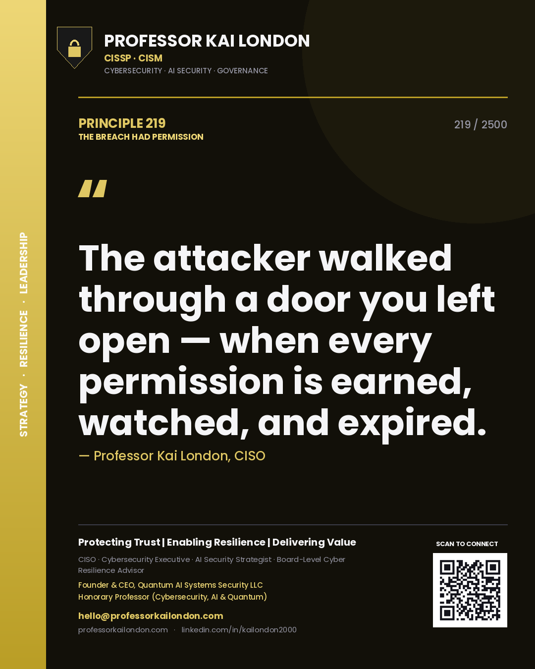 Professor Kai London principle 219: The attacker walked through a door you left open — when every permission is earned, watched, and expired.