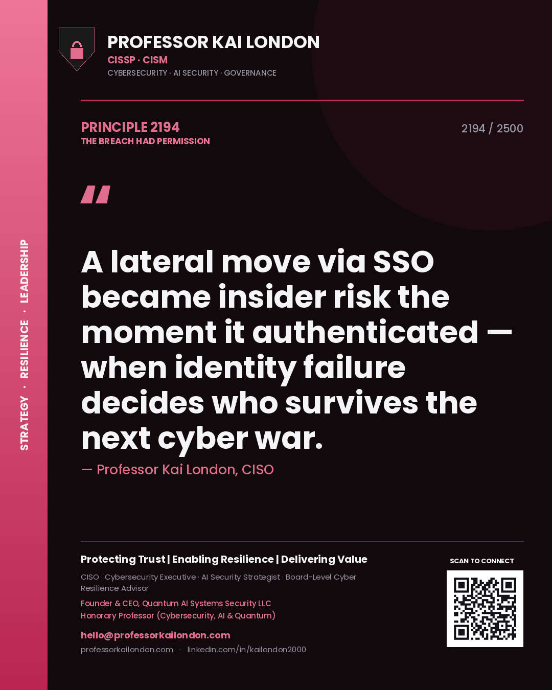 Quote card by Professor Kai London reading 'A lateral move via SSO became insider risk the moment it authenticated — when identity failure decides who survives the next cyber war.'. From the book The Breach Had Permission.