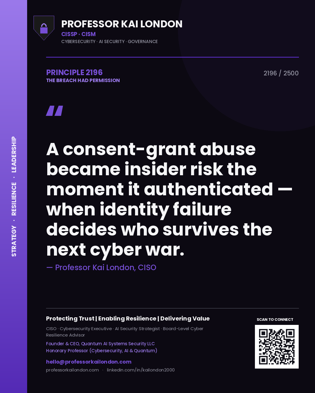 Quote card by Professor Kai London reading 'A consent-grant abuse became insider risk the moment it authenticated — when identity failure decides who survives the next cyber war.'. From the book The Breach Had Permission.