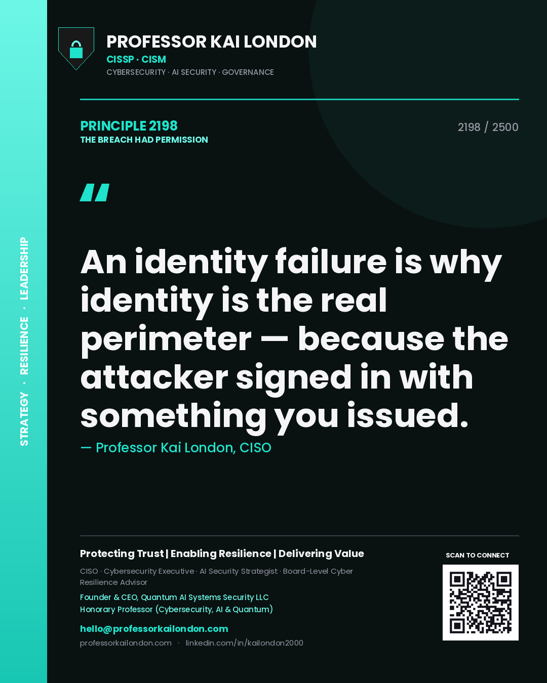 Professor Kai London principle 2198: An identity failure is why identity is the real perimeter — because the attacker signed in with something you issued.