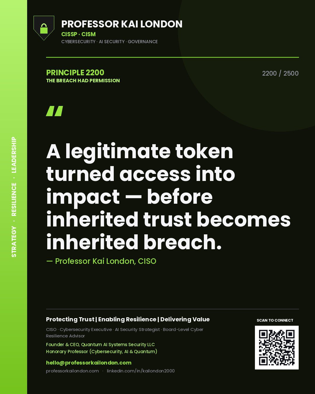 Professor Kai London principle 2200: A legitimate token turned access into impact — before inherited trust becomes inherited breach.