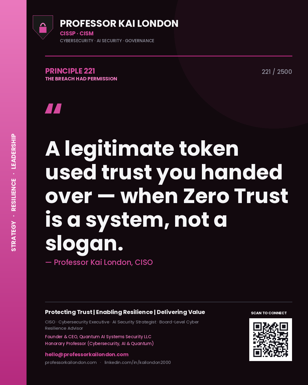 Quote card by Professor Kai London reading 'A legitimate token used trust you handed over — when Zero Trust is a system, not a slogan.'. From the book The Breach Had Permission.