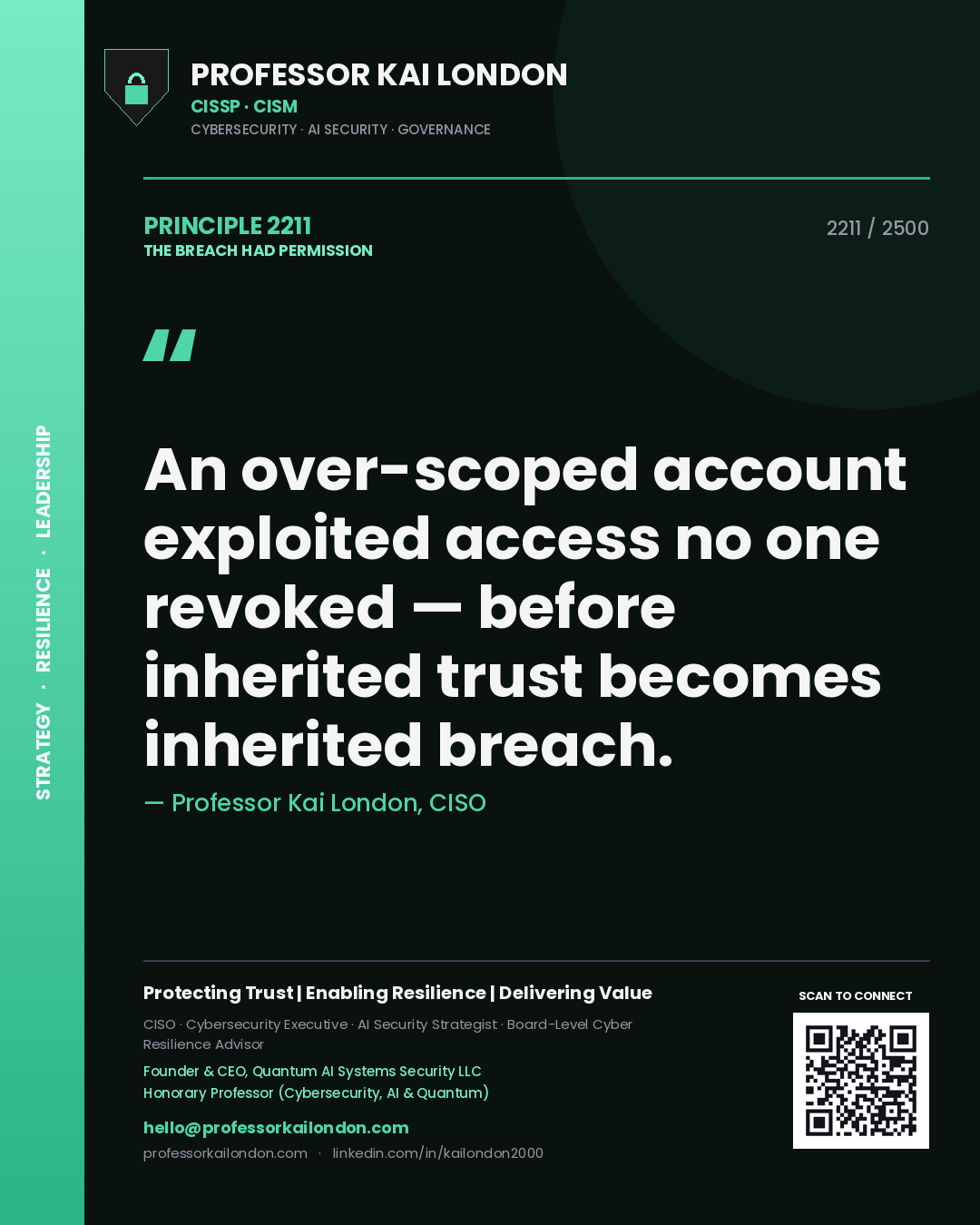 Professor Kai London principle 2211: An over-scoped account exploited access no one revoked — before inherited trust becomes inherited breach.