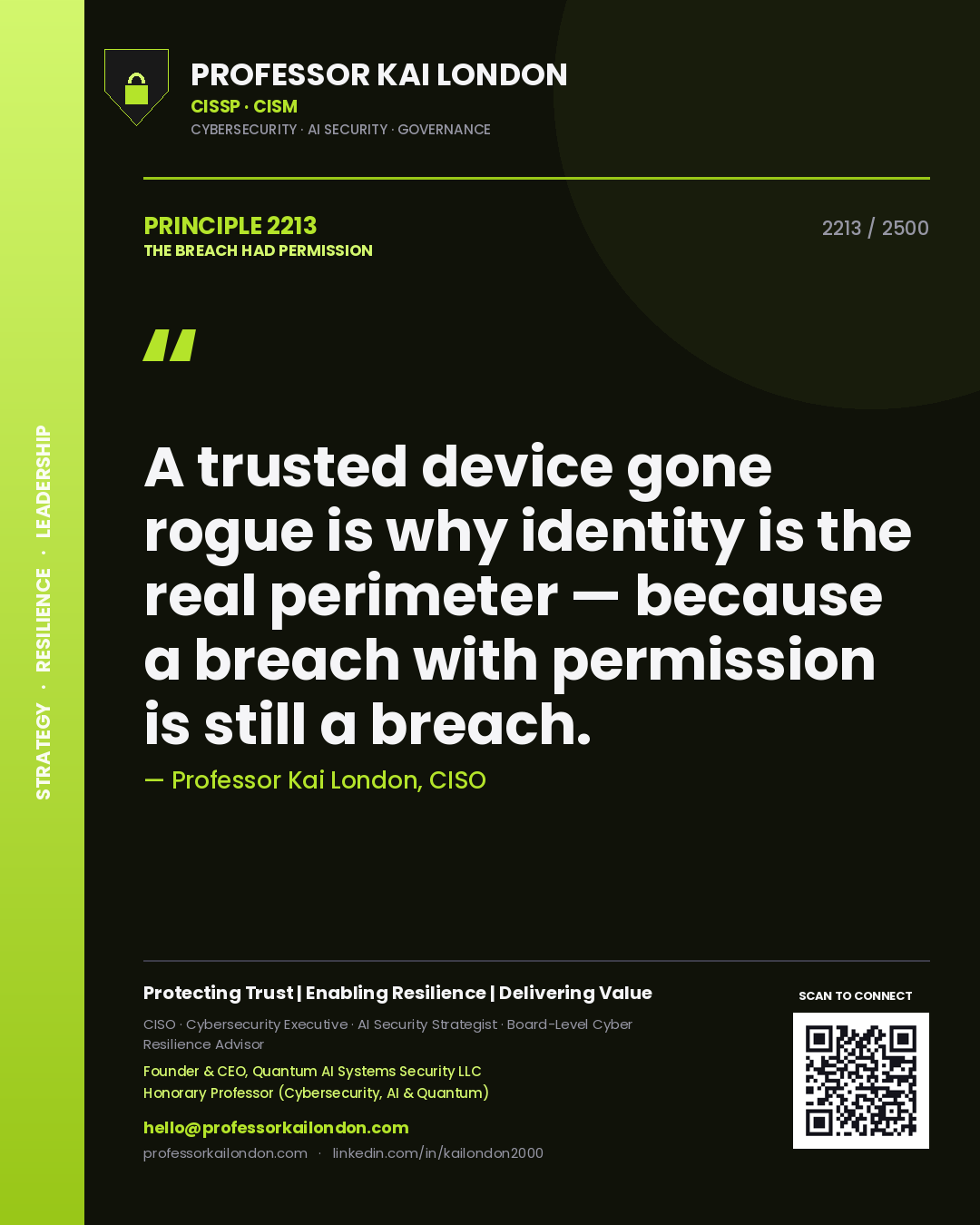 Quote card by Professor Kai London reading 'A trusted device gone rogue is why identity is the real perimeter — because a breach with permission is still a breach.'. From the book The Breach Had Permission.