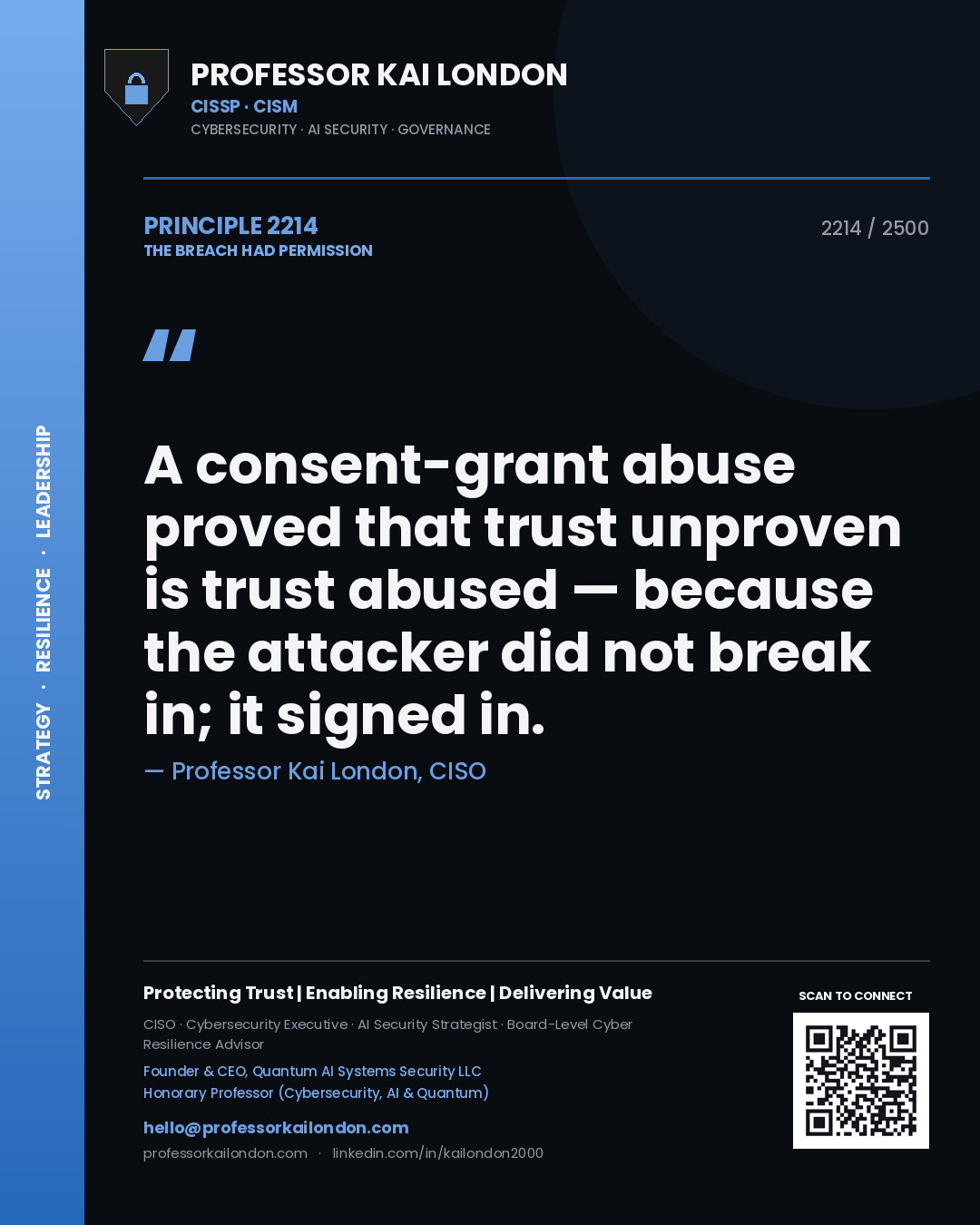 Professor Kai London principle 2214: A consent-grant abuse proved that trust unproven is trust abused — because the attacker did not break in; it signed in.