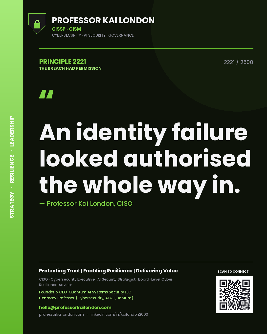 Quote card by Professor Kai London reading 'An identity failure looked authorised the whole way in.'. From the book The Breach Had Permission.