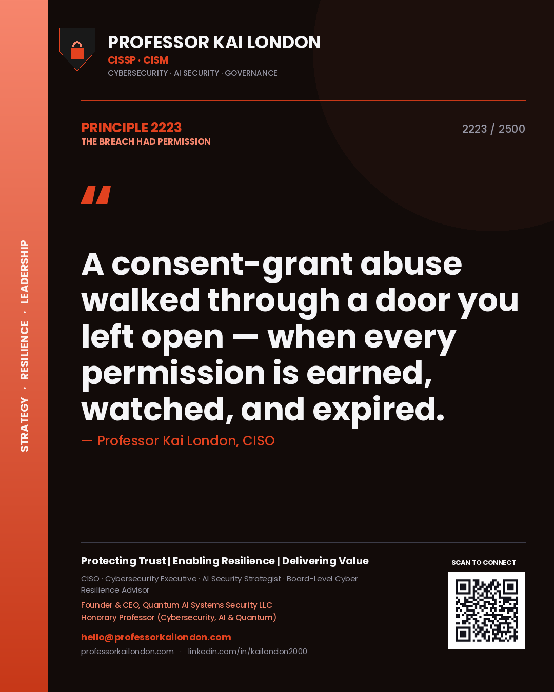 Professor Kai London principle 2223: A consent-grant abuse walked through a door you left open — when every permission is earned, watched, and expired.