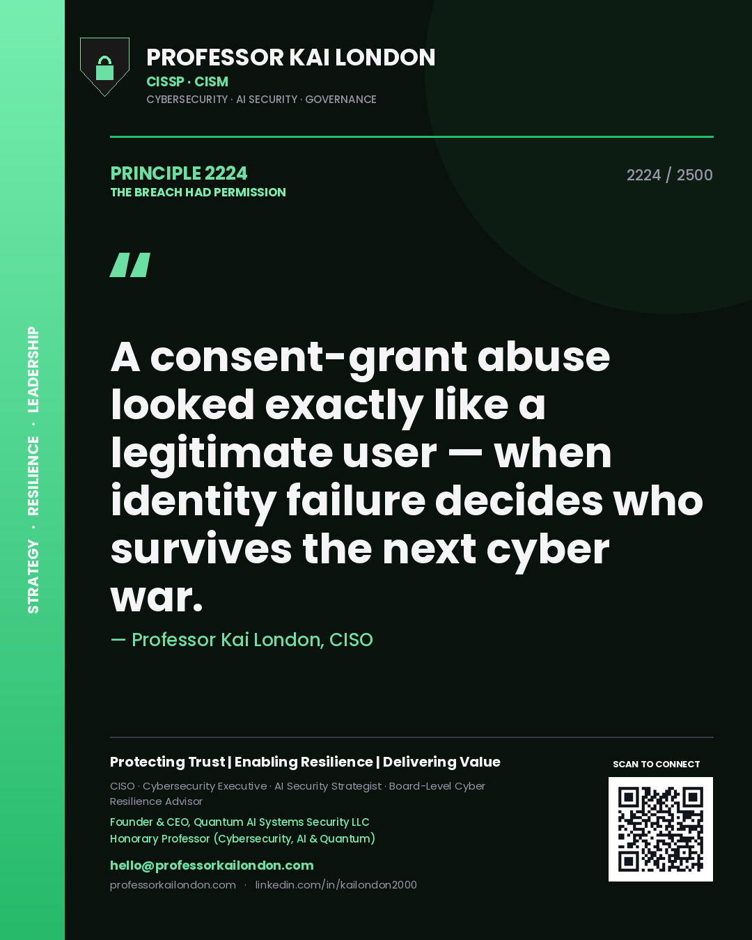Professor Kai London principle 2224: A consent-grant abuse looked exactly like a legitimate user — when identity failure decides who survives the next cyber war.