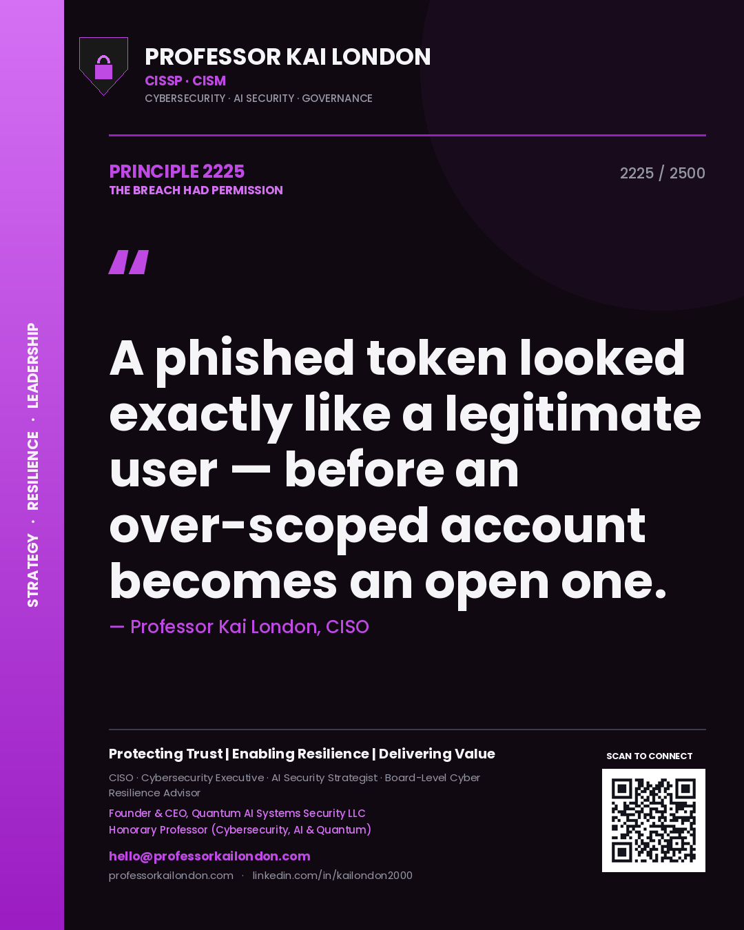 Professor Kai London principle 2225: A phished token looked exactly like a legitimate user — before an over-scoped account becomes an open one.