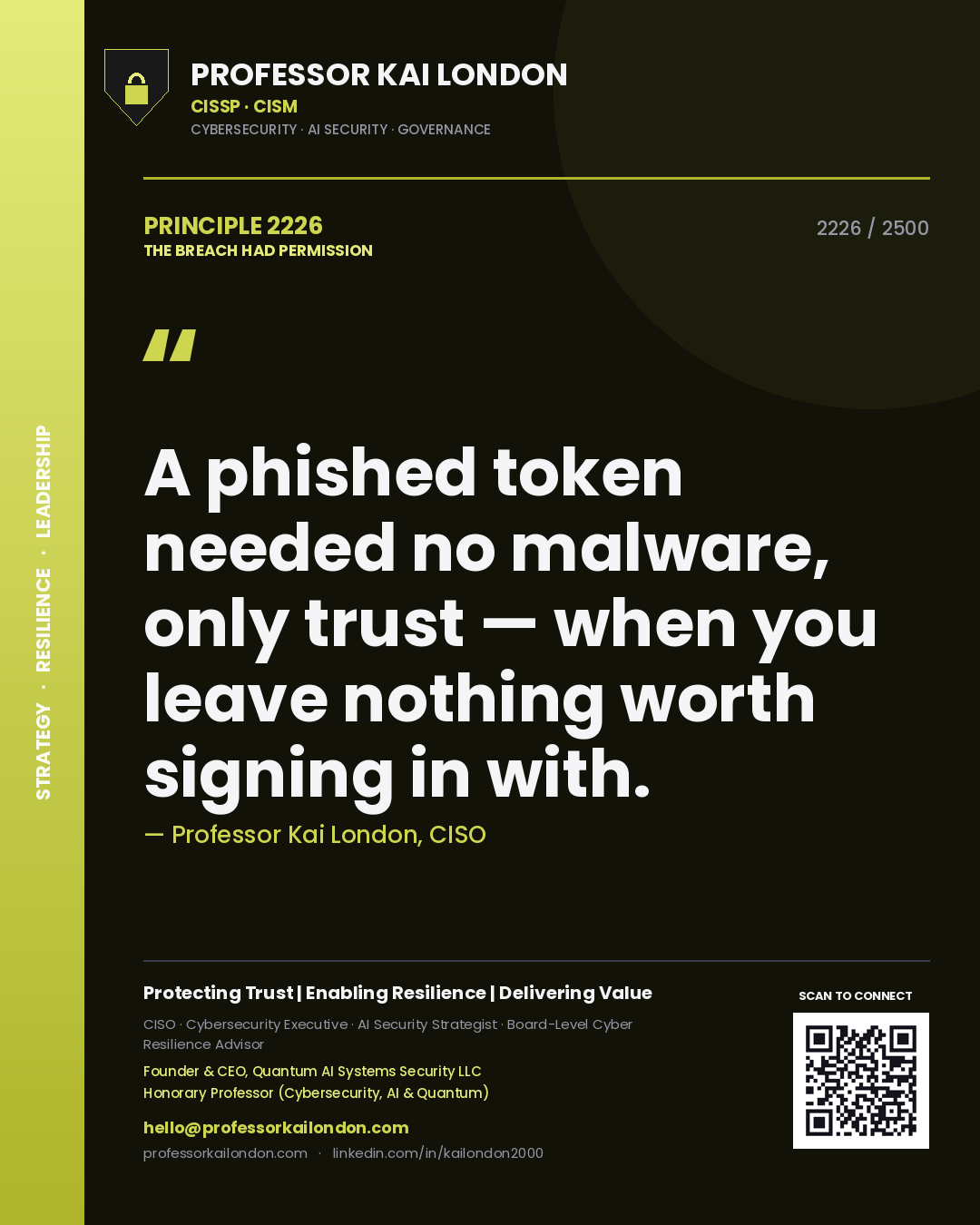 Quote card by Professor Kai London reading 'A phished token needed no malware, only trust — when you leave nothing worth signing in with.'. From the book The Breach Had Permission.