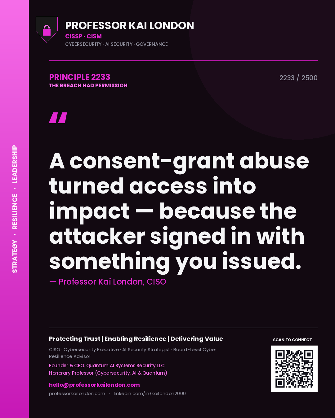 Professor Kai London principle 2233: A consent-grant abuse turned access into impact — because the attacker signed in with something you issued.