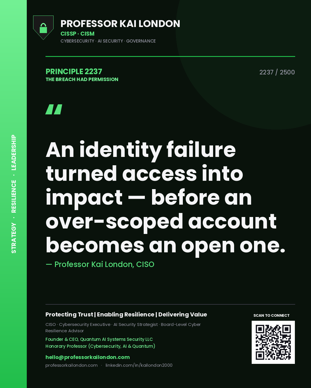 Professor Kai London principle 2237: An identity failure turned access into impact — before an over-scoped account becomes an open one.
