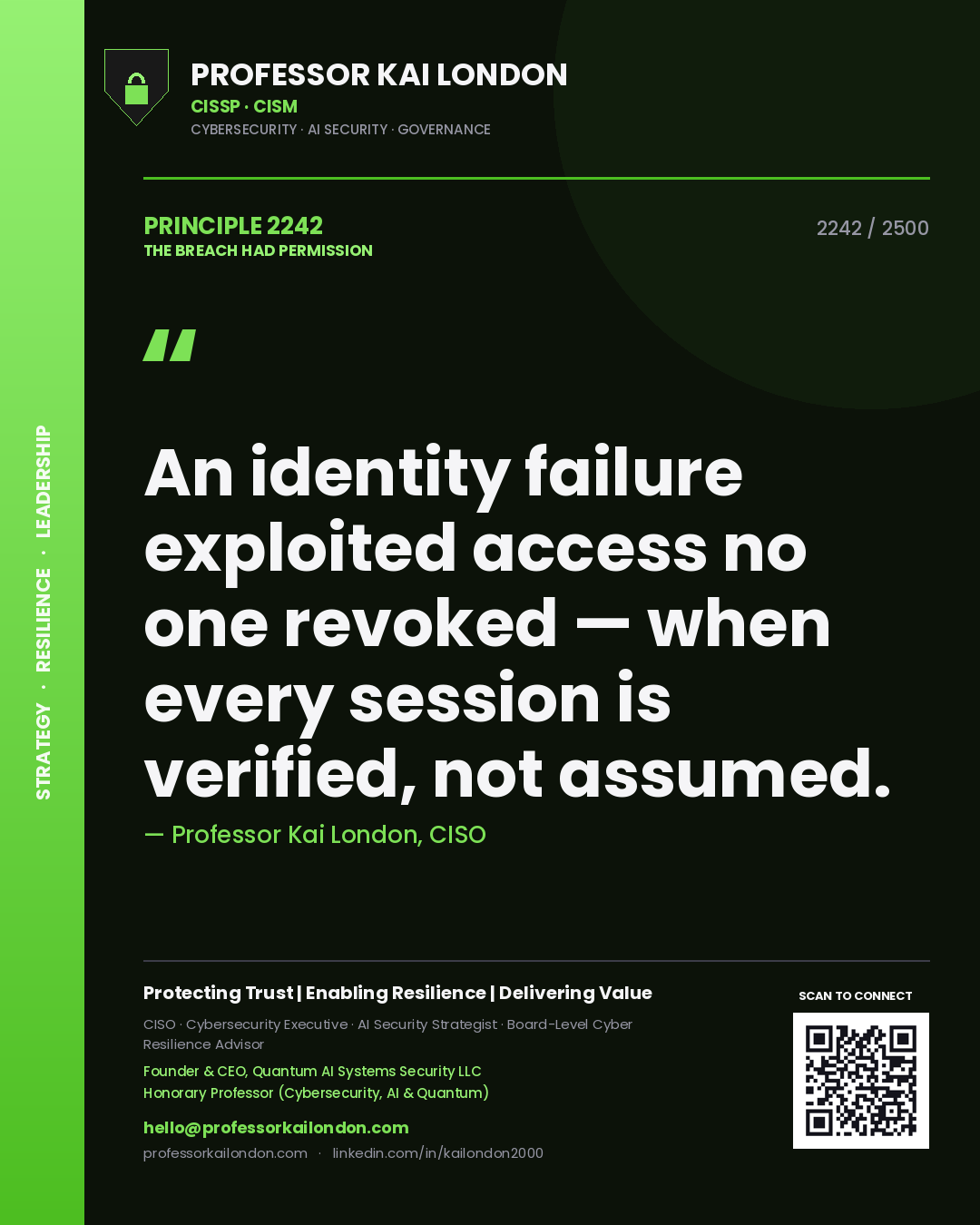 Professor Kai London principle 2242: An identity failure exploited access no one revoked — when every session is verified, not assumed.