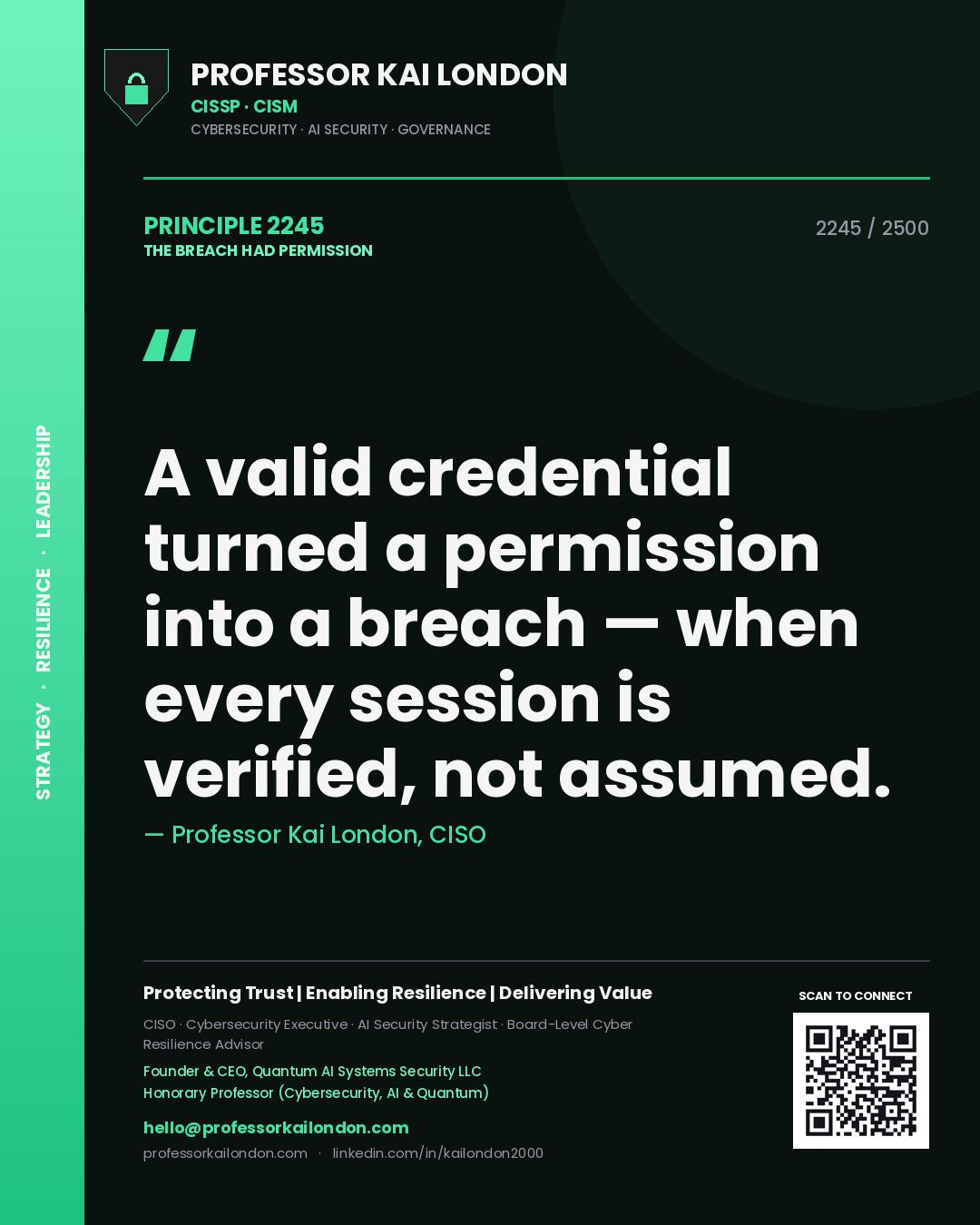 Professor Kai London principle 2245: A valid credential turned a permission into a breach — when every session is verified, not assumed.