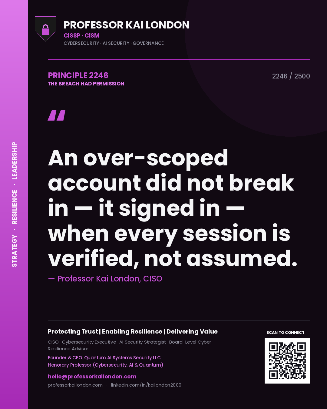 Professor Kai London principle 2246: An over-scoped account did not break in — it signed in — when every session is verified, not assumed.
