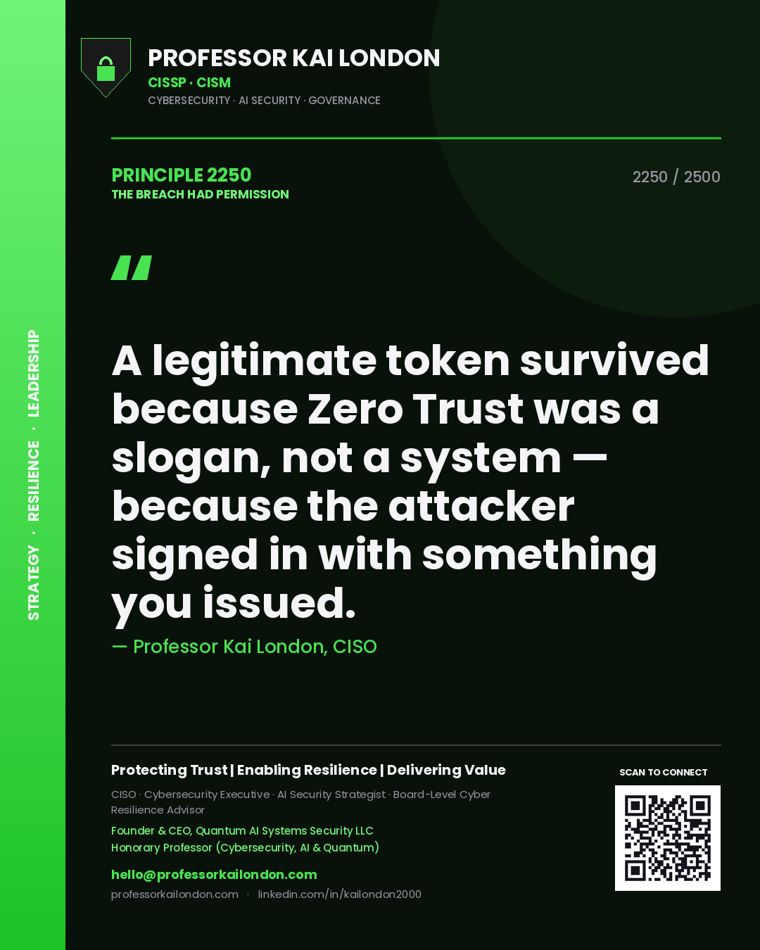 Quote card by Professor Kai London reading 'A legitimate token survived because Zero Trust was a slogan, not a system — because the attacker signed in with something you issued.'. From the book The Breach Had Permission.