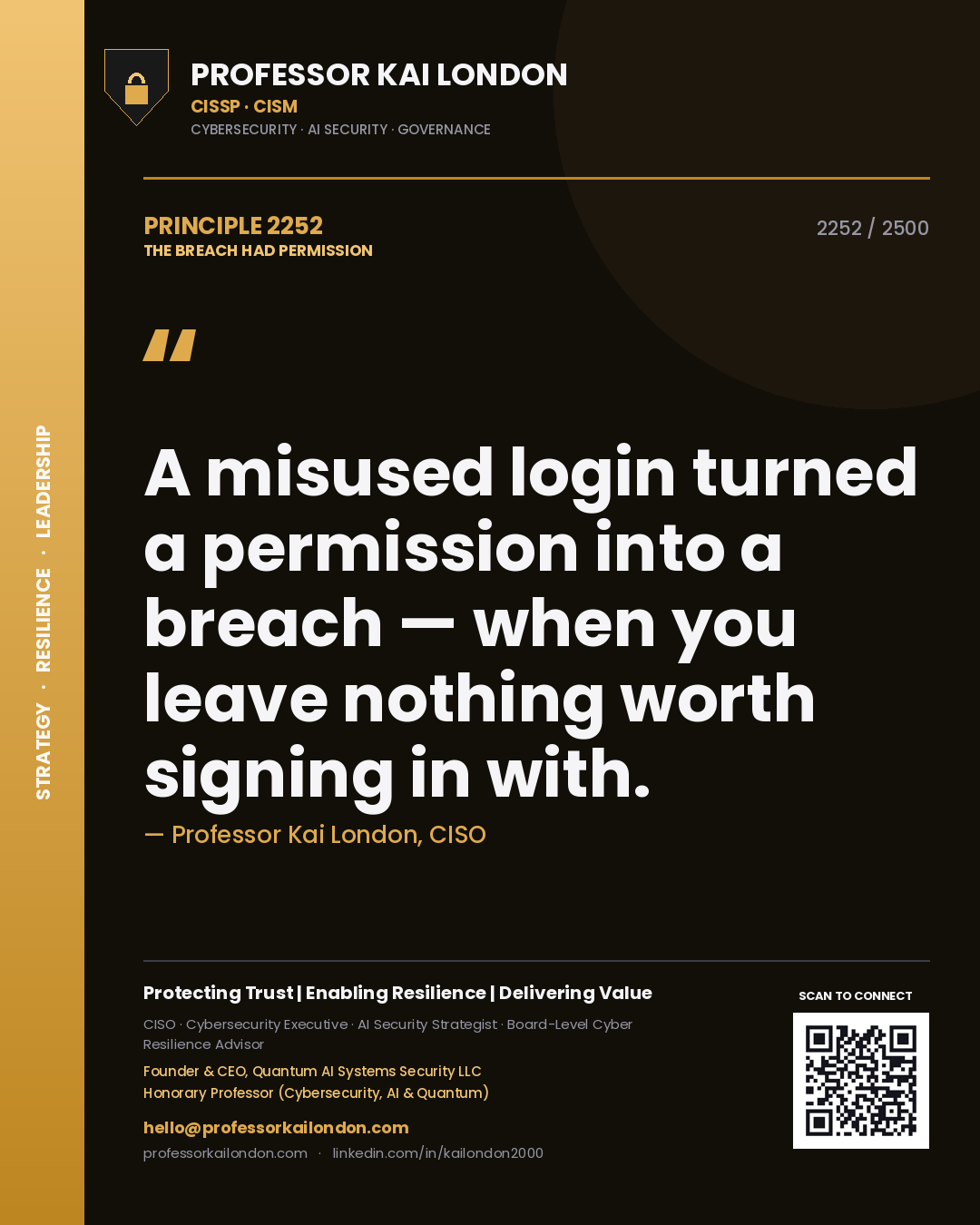 Professor Kai London principle 2252: A misused login turned a permission into a breach — when you leave nothing worth signing in with.