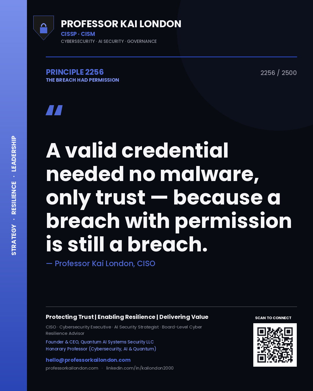 Quote card by Professor Kai London reading 'A valid credential needed no malware, only trust — because a breach with permission is still a breach.'. From the book The Breach Had Permission.