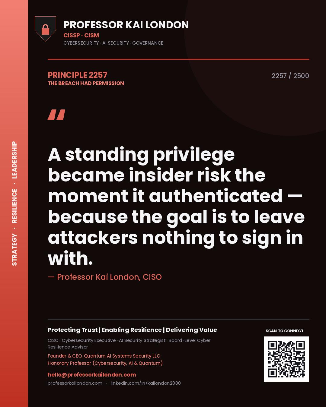 Professor Kai London principle 2257: A standing privilege became insider risk the moment it authenticated — because the goal is to leave attackers nothing to sign in with.