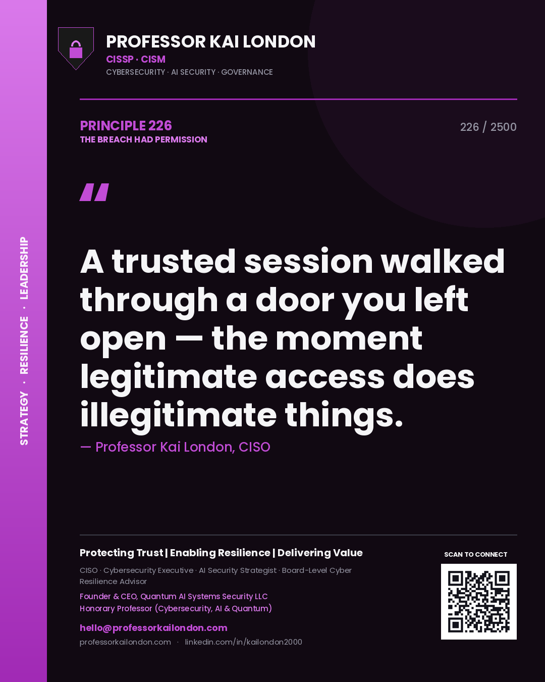 Quote card by Professor Kai London reading 'A trusted session walked through a door you left open — the moment legitimate access does illegitimate things.'. From the book The Breach Had Permission.
